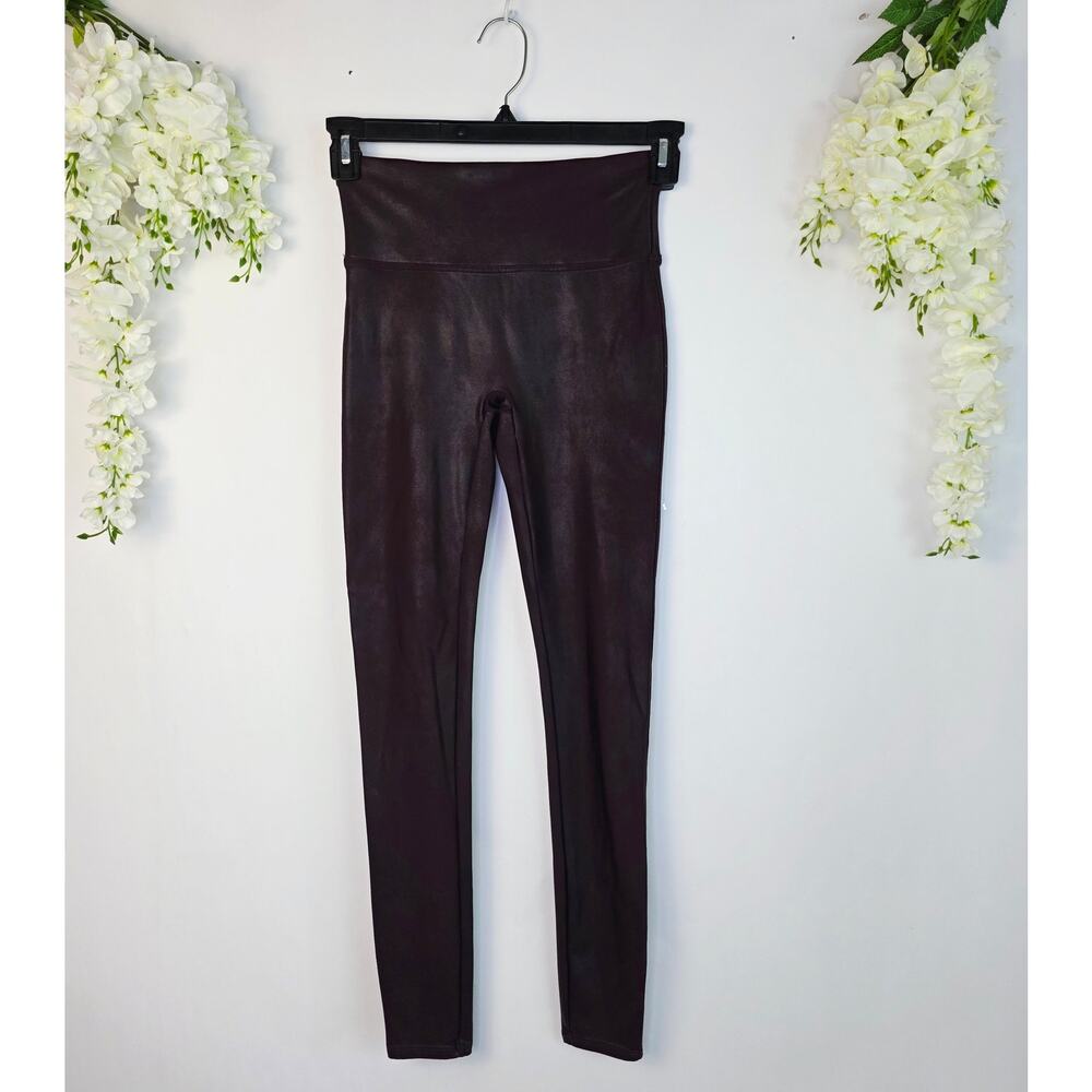 SPANX Faux Leather Leggings Medium Burgundy High Waist Shaping Baddie Moto